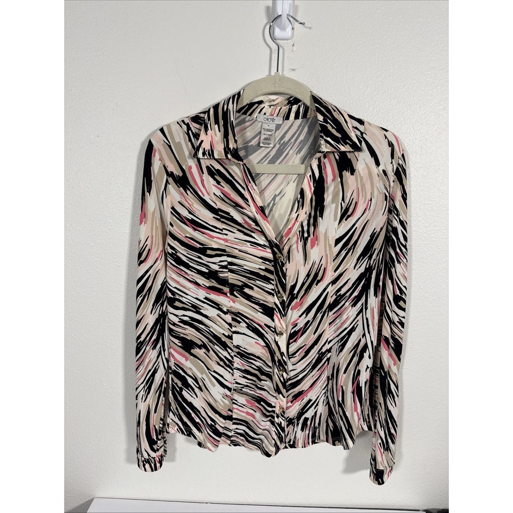 Cache‎ Bright Colorful Striped Button Up V Neck Abstract Blouse Size M X1